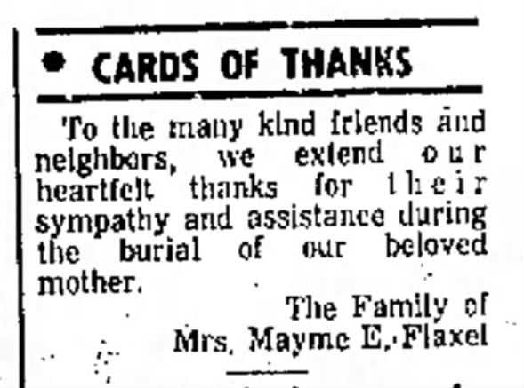 Mayme Waite Owens Flaxel Card of Thanks Columbus NE Telegram 1970-1-6 Tue Pg 12